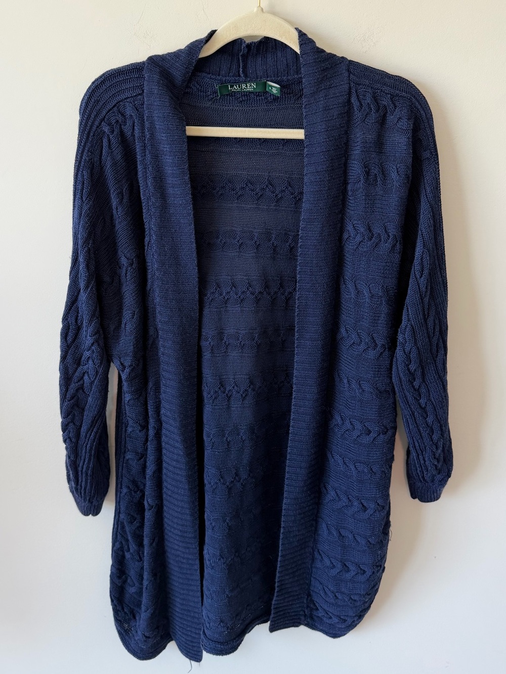 Lauren Ralph Lauren Navy Cable-Knit Open Front Cardigan Cotton